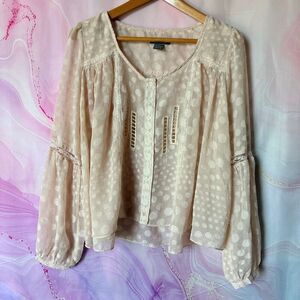 Gracia M Sheer Cream Polka Dot Blouse Luxury Romantic Coastal Parisian FLAW